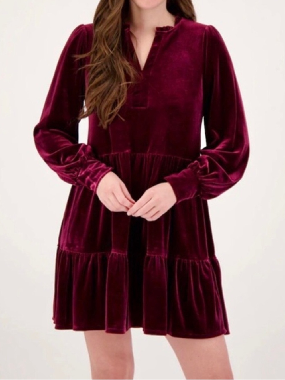 1. State NEW Women's Velvet Long Sleeve Tiered Mini Dress Size Large Fall Party